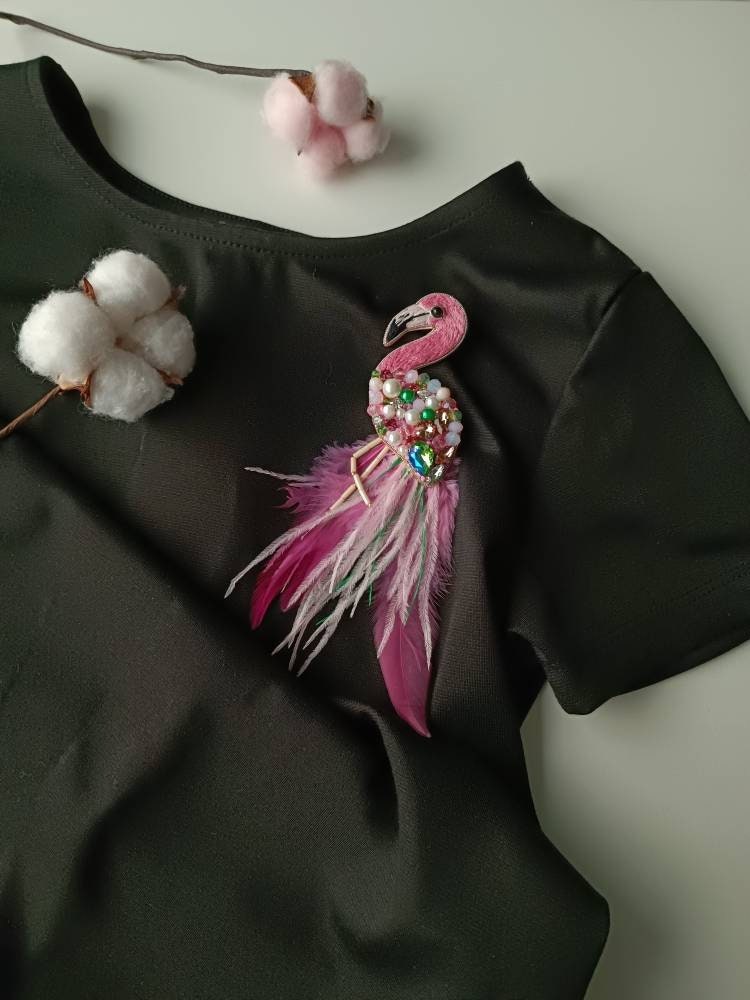 Beaded flamingo brooch embroidered pink bird pin ostrich feather jewelry crystals and beads brooch handmade unique Christmas gift for her - Thumbnail 5