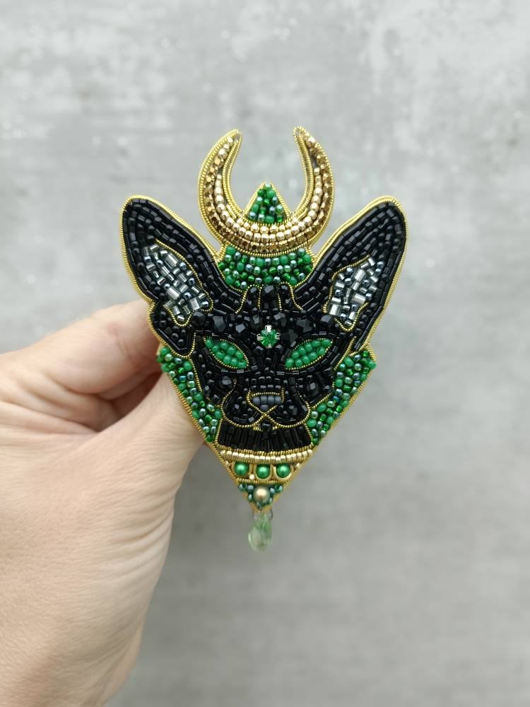 Beaded Bastet brooch egyptian god pin black cat jewelry cat unique gift for her made in Ukraine embroidered jewelry - Image 1