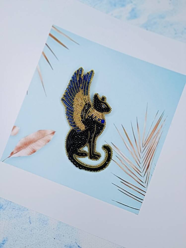 Beaded Bastet brooch egyptian god pin black cat jewelry flying cat unique gift for her made in Ukraine embroidered jewelry - Thumbnail 5
