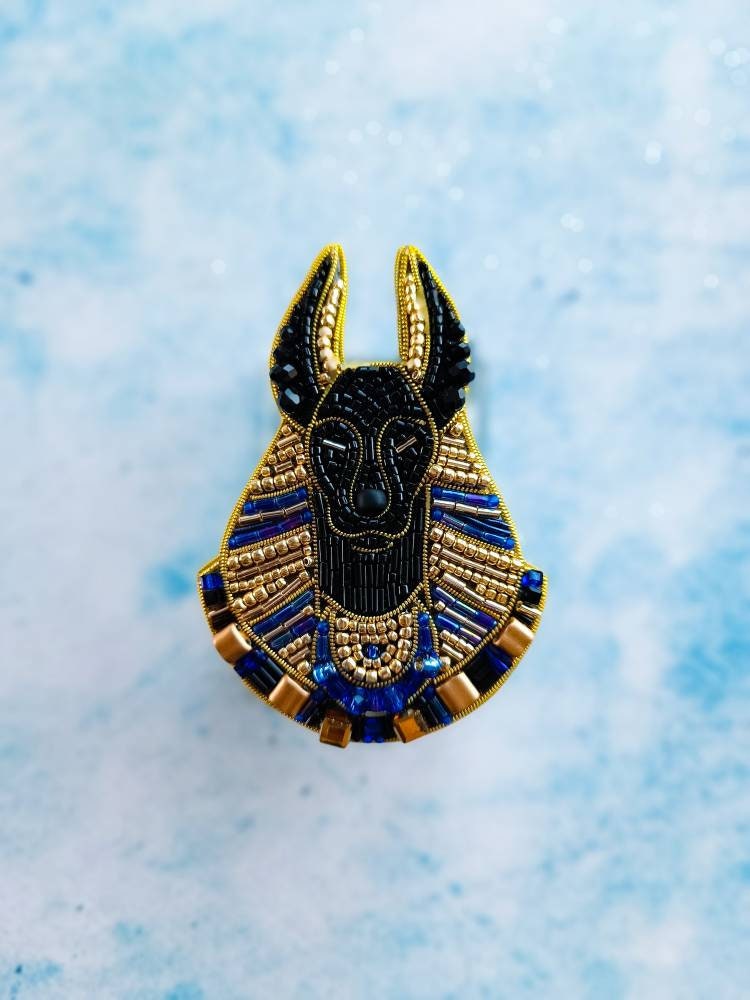 Embroidered Anubis brooch Egyptian god pin beaded jewelry Egyptian mythology unique jewelry gift for her made in Ukraine - Thumbnail 5
