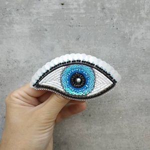 Embroidered seed beads eye pin blue eye jewelry beaded brooch evil eye symbol good luck pin handmade jewelry Christmas gift for her in stock
