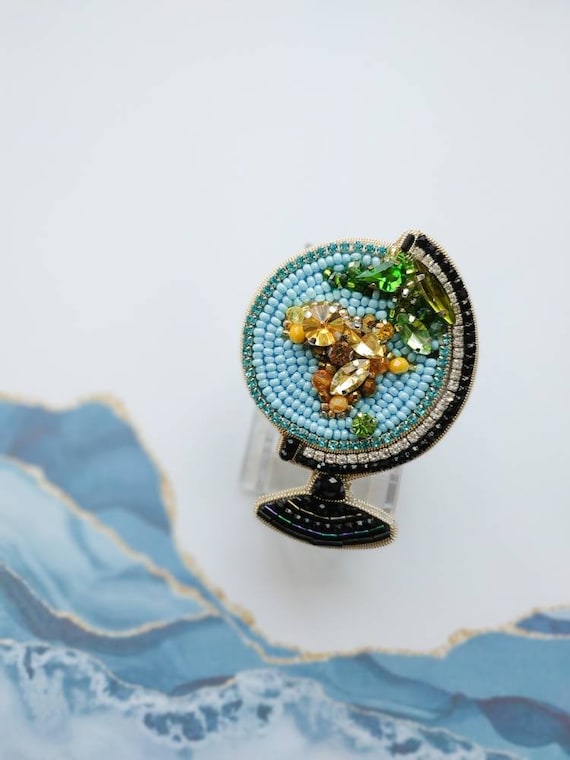 Beaded Globe Brooch: Embroidered Earth Pin, Traveler Gift