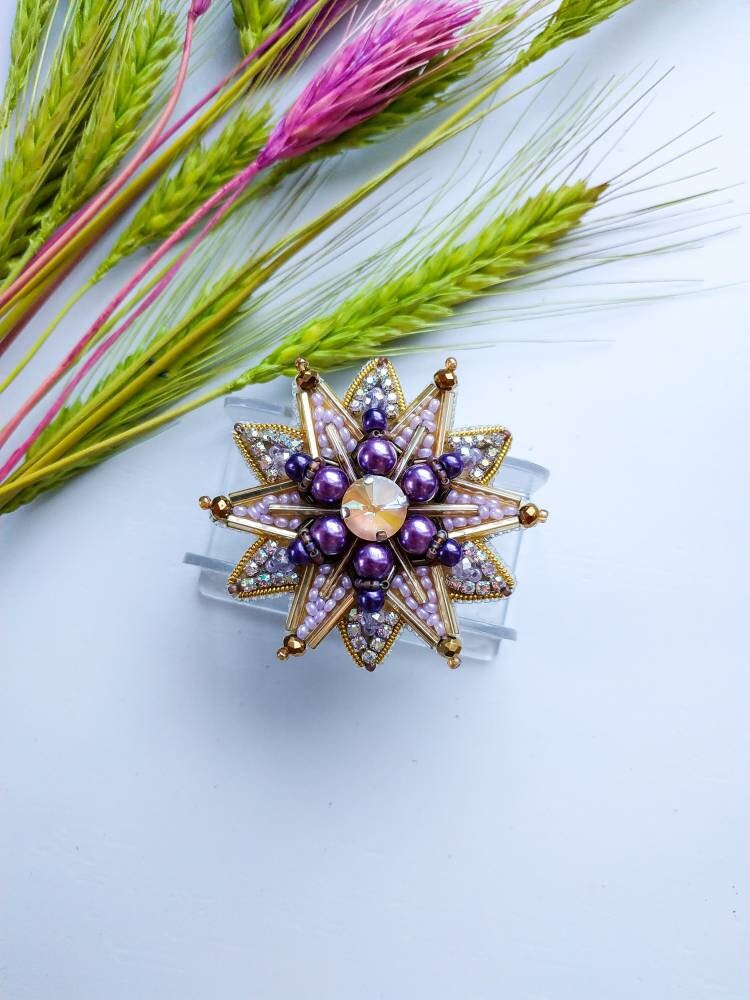 Beaded order brooch handmade embroidered star pin crystal jewelry yellow and purple celestial brooch unique christmas gift for her - Thumbnail 6