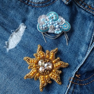 Beaded sun brooch cosmos jewelry cosmic planet pin handmade pin gift for her golden sun image 8