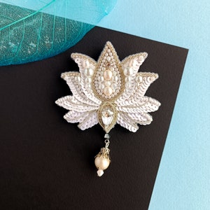 Beaded lotus brooch embroidered white lotus pin flower jewelry made in Ukraine unique gift for her