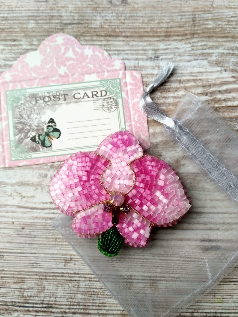 Beaded orchid flower brooch seed beads pin beaded floral jewelry pink flower brooch embroidered orchid jewelry best gift for her