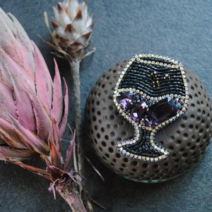 Beaded glass brooch wine lover gift purple wine pin glass jewelry handmade brooch embroidered wine glass gift for her rhinestones jewelry image 9