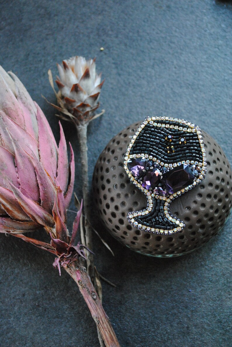 Beaded glass brooch wine lover gift purple wine pin glass jewelry handmade brooch embroidered wine glass gift for her rhinestones jewelry image 9