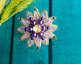 Beaded order brooch handmade embroidered star pin crystal jewelry yellow and purple celestial brooch unique christmas gift for her