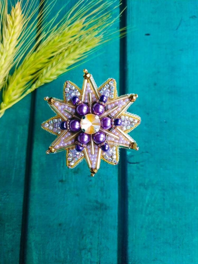 Beaded order brooch handmade embroidered star pin crystal jewelry yellow and purple celestial brooch unique christmas gift for her