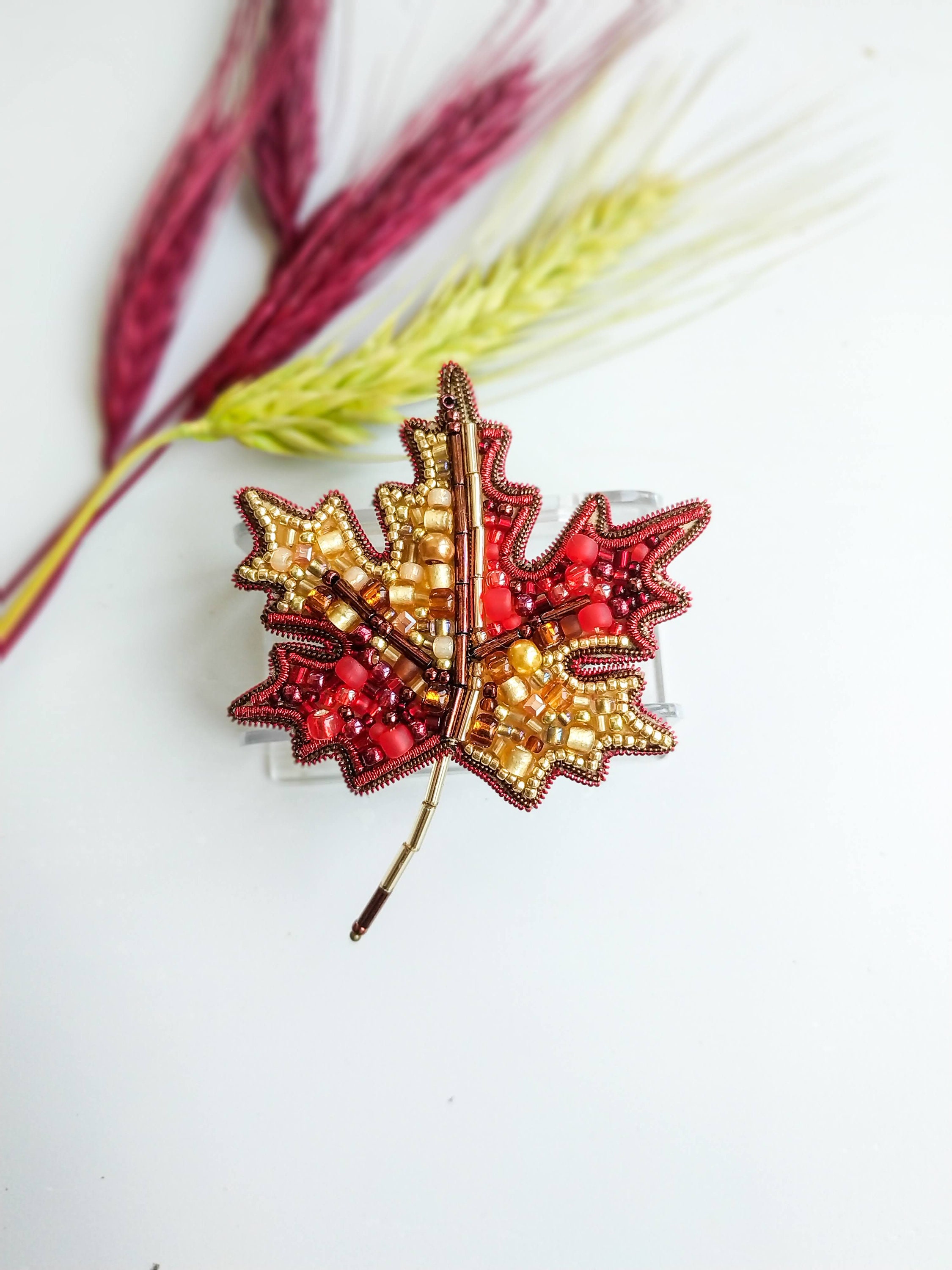 Beaded maple leaf brooch embroidered maple jewelry yellow and red reaf pin canadian symbol maple tree beaded Christmas gift for her - Thumbnail 3