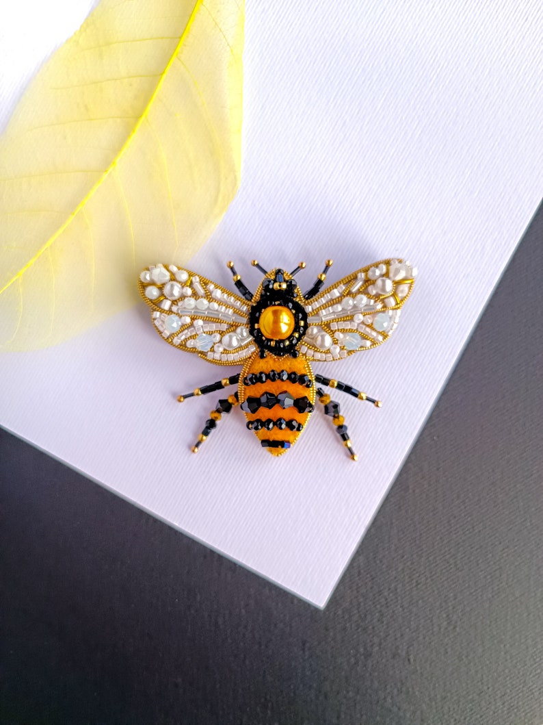 Beaded bee brooch embroidered insect pin handmade jewelry made in Ukraine best Christmas gift for her image 8