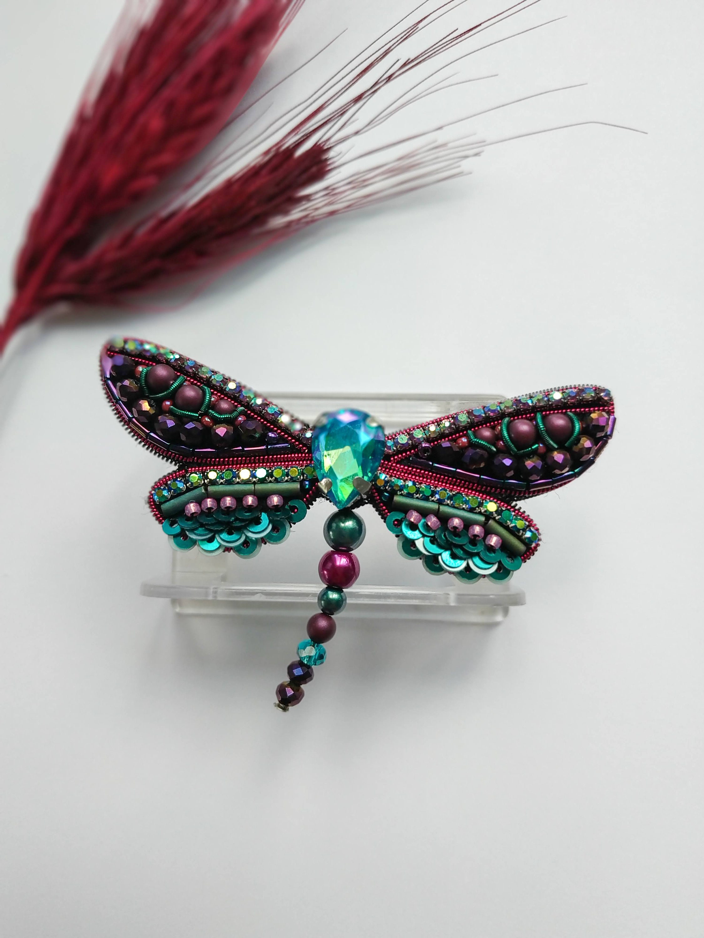Embroidered dragonfly brooch beaded pin insect handmade jewelry unique Christmas gift for her butterfly lover jewelry handmade dragonfly pin - Thumbnail 5