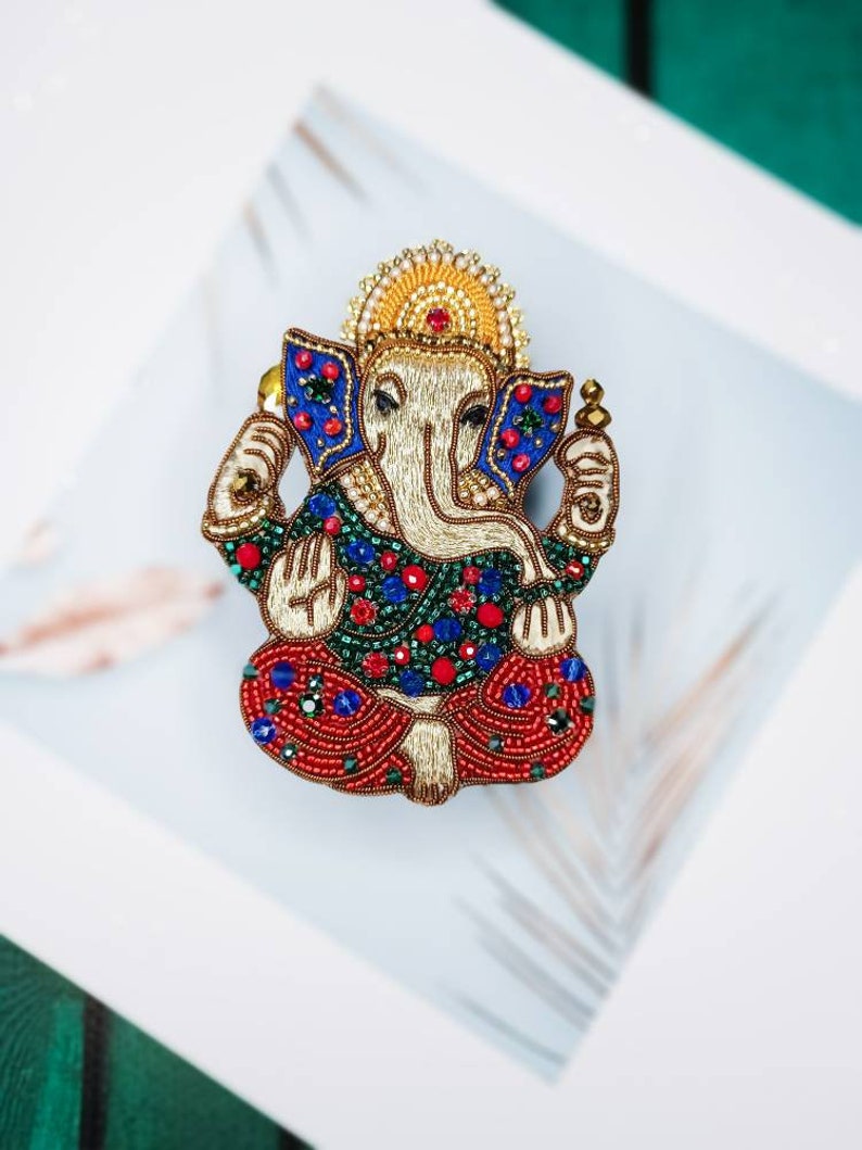 Embroidered Ganesh brooch handmade beaded pin Elephant God jewelry Ganesha God brooch image 1