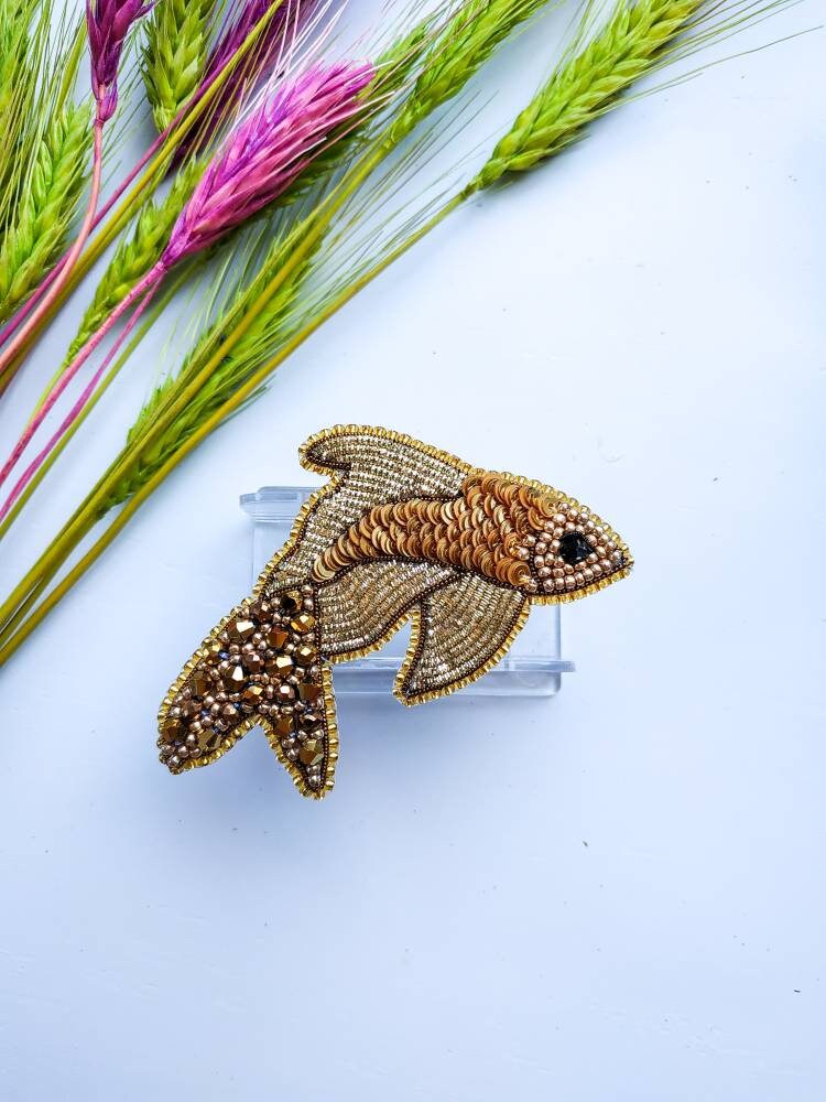 Beaded golden fish brooch embroidered fish pin pisces horoscope sign jewelry handmade Christmas gift for her sequins fish brooch with beads - Image 1