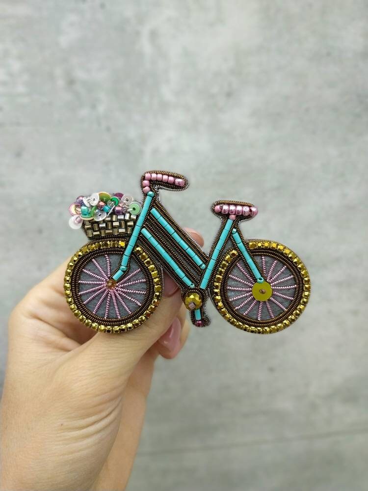 Embroidered bicycle brooch bike rider pin bike lover gift beaded brooch for her unique jewelry pin Christmas gift handmade brooch - Image 1
