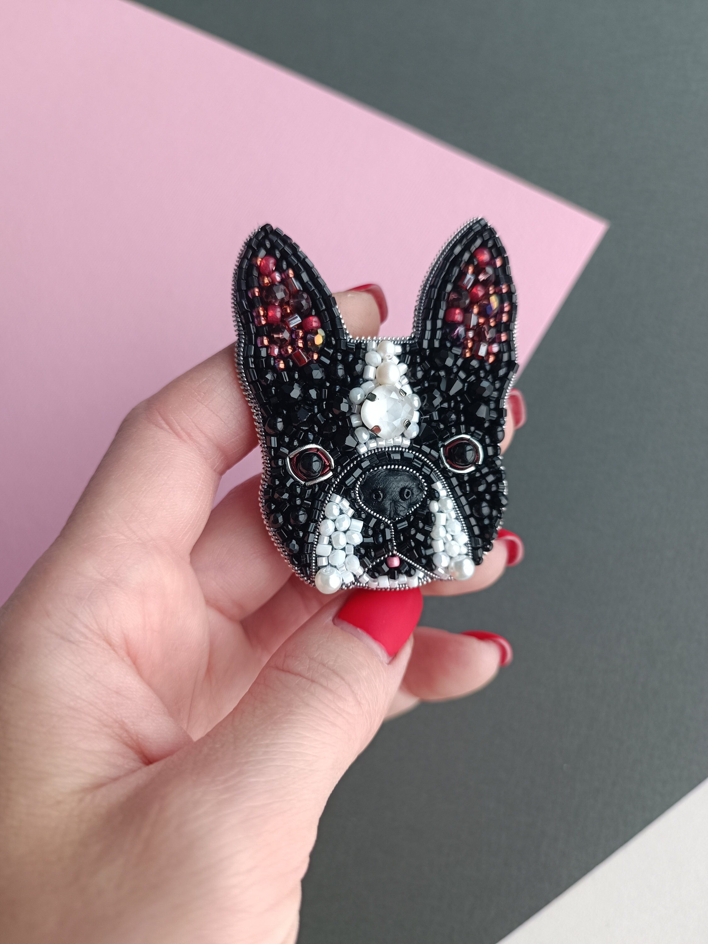 Embroidered french bulldog pin beaded dog brooch dog lover gift unique jewelry handmade in Ukraine - Thumbnail 5