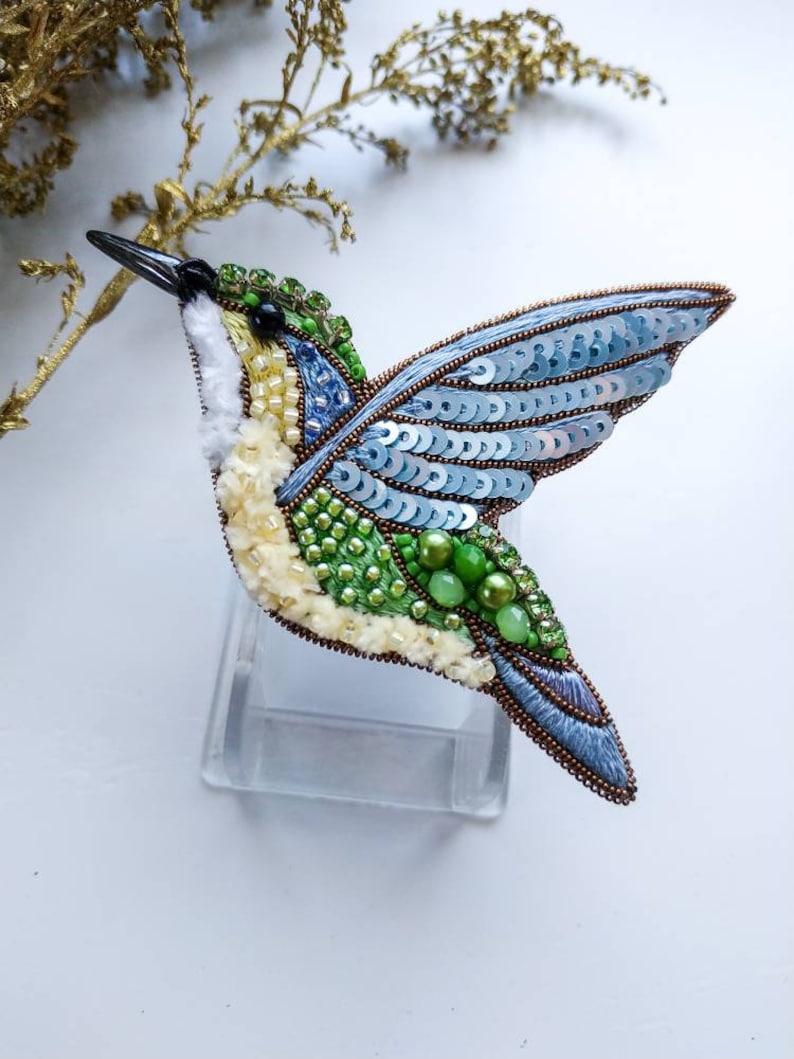 Beaded hummingbird brooch bird pin jewelry embroidered lapel pin colibri brooch handmade gift for her bird lover gift summer accessories image 7