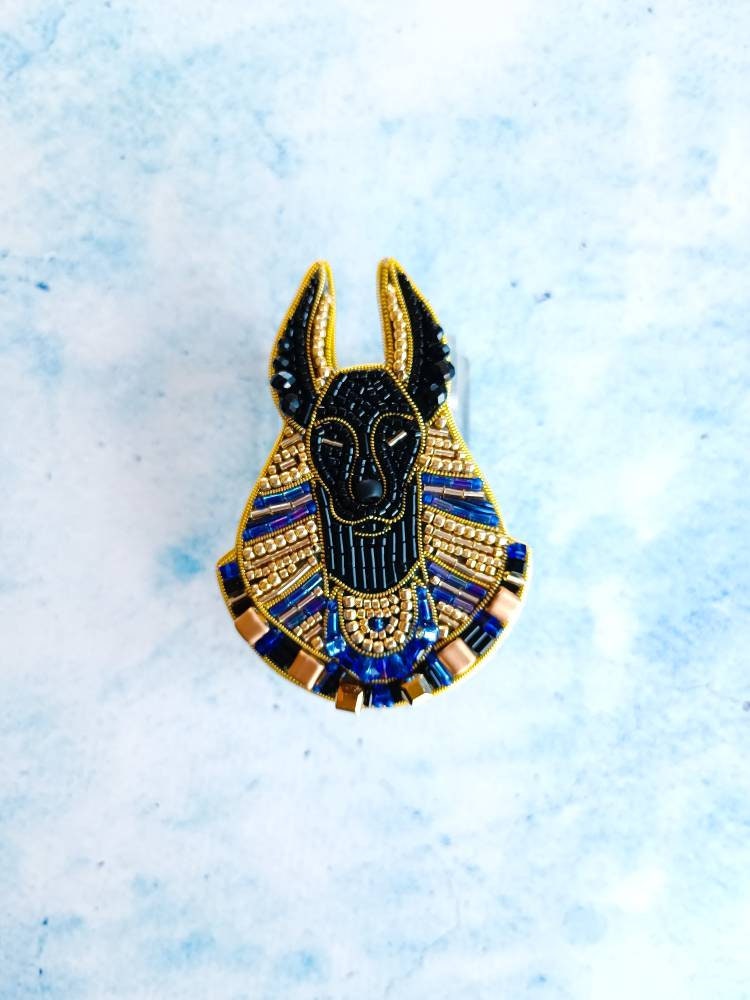 Embroidered Anubis brooch Egyptian god pin beaded jewelry Egyptian mythology unique jewelry gift for her made in Ukraine - Thumbnail 7