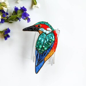 Bird brooch embroidered with beads and cotton threads bird pin kingfisher jewelry handmade Christmas gift for her bird with seed beads image 2