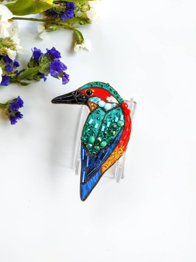 Bird brooch embroidered with beads and cotton threads bird pin kingfisher jewelry handmade Christmas gift for her bird with seed beads image 2