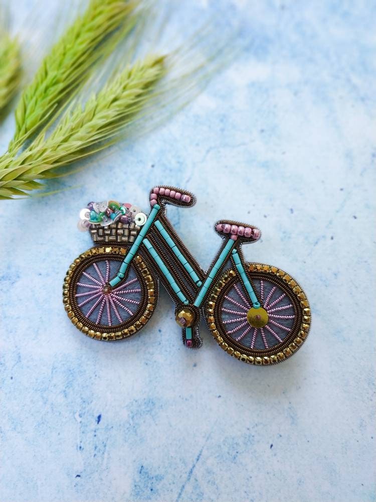 Embroidered bicycle brooch bike rider pin bike lover gift beaded brooch for her unique jewelry pin Christmas gift handmade brooch - Thumbnail 6
