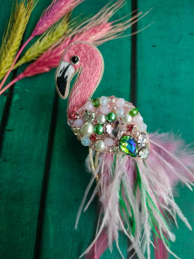 Beaded flamingo brooch embroidered pink bird pin ostrich feather jewelry crystals and beads brooch handmade unique Christmas gift for her - Thumbnail 4