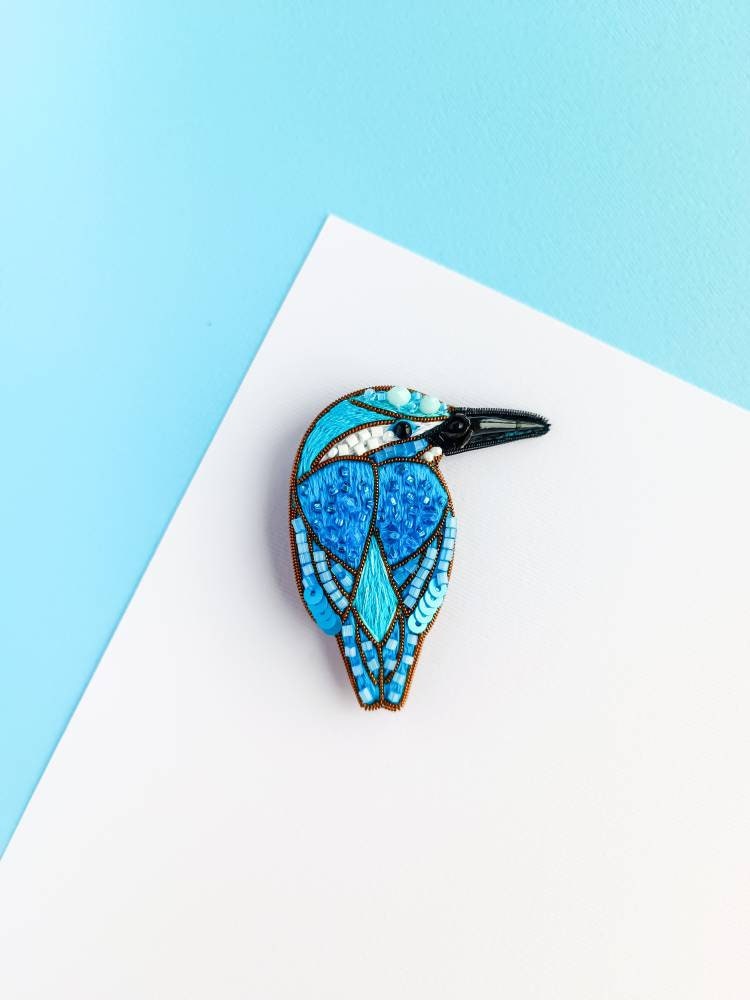 Beaded blue kingfisher brooch embroidered bird pin embroidered bead brooch bird jewelry gift for her - Image 1