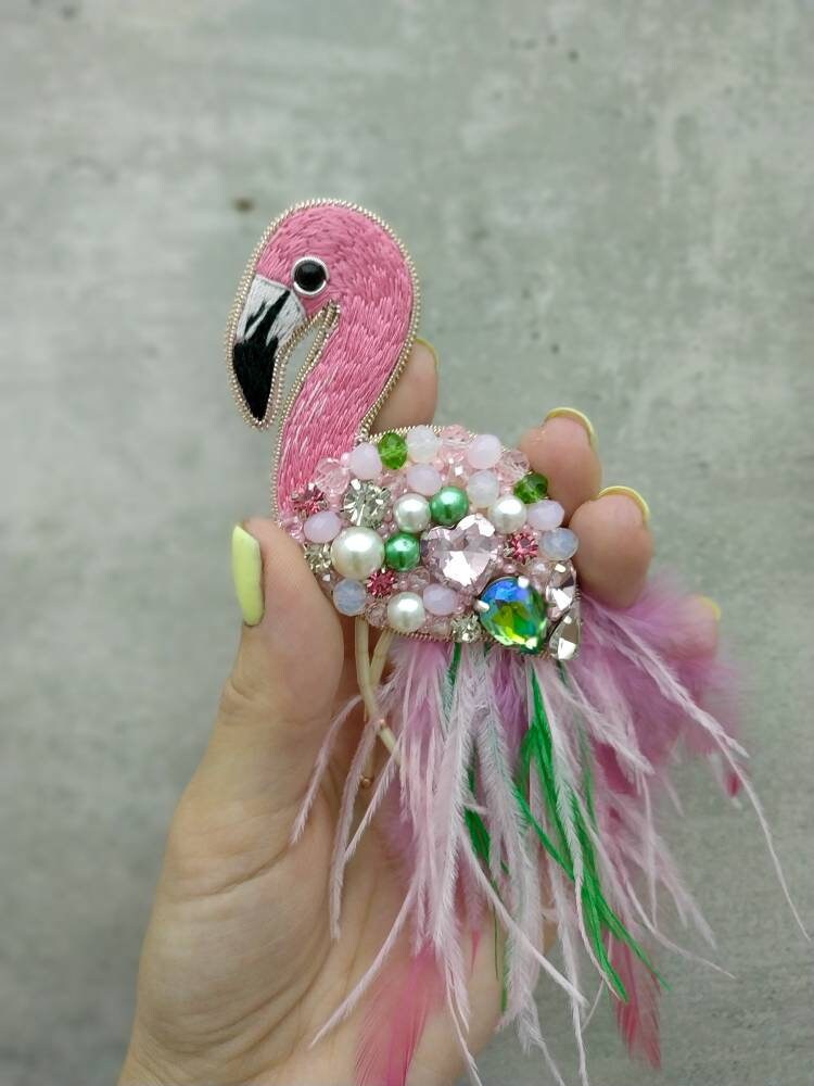 Beaded flamingo brooch embroidered pink bird pin ostrich feather jewelry crystals and beads brooch handmade unique Christmas gift for her - Thumbnail 2