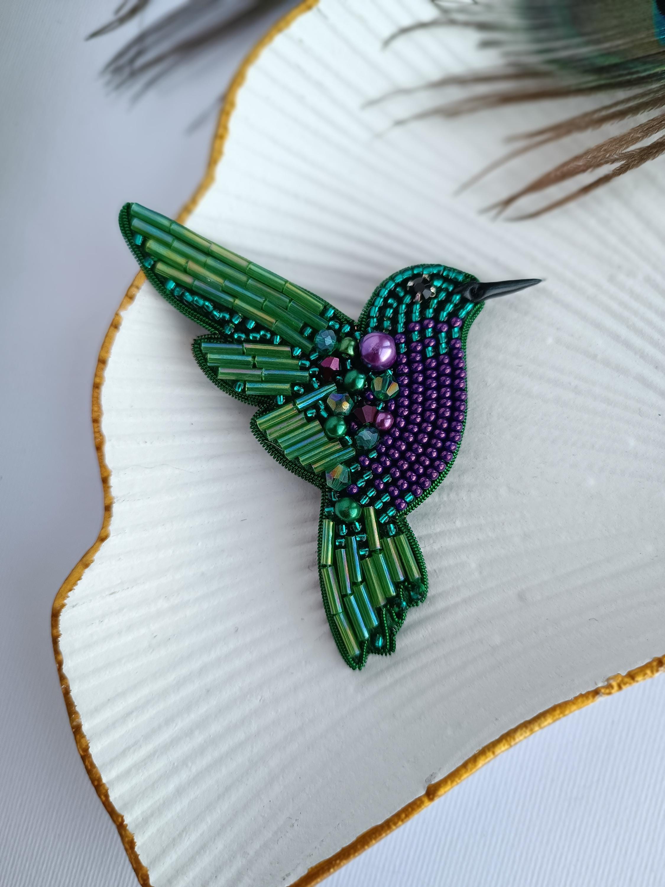 Beaded hummingbird brooch pin embroidered gift for her bird lover jewelry brooch handmade unique gift green and pirple bird colibri pin - Thumbnail 5