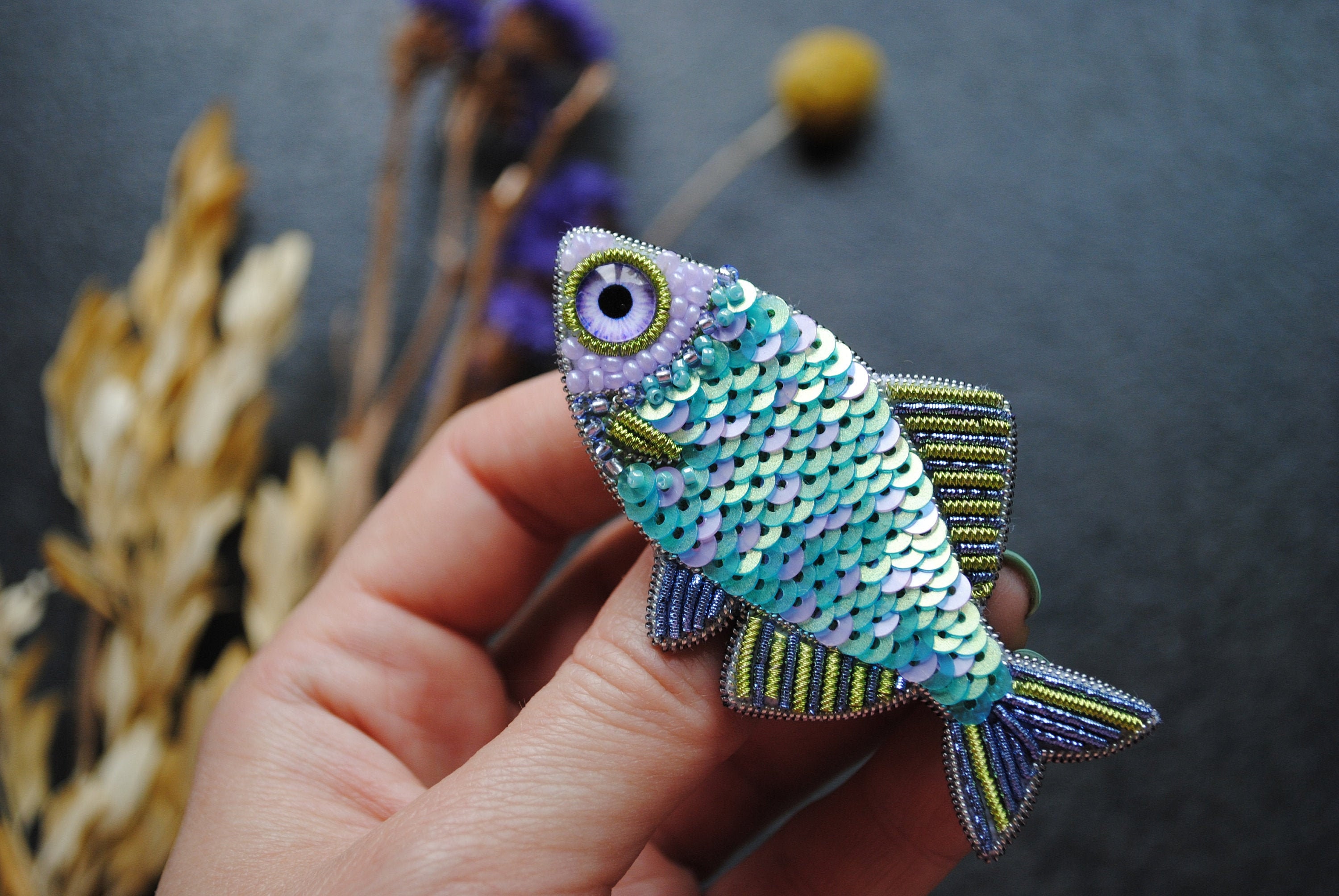 Embroidered sequins fish brooch beaded pin handmade gift for her fish lover gift pisces sign sequins jewelry seed beads and sequins brooch