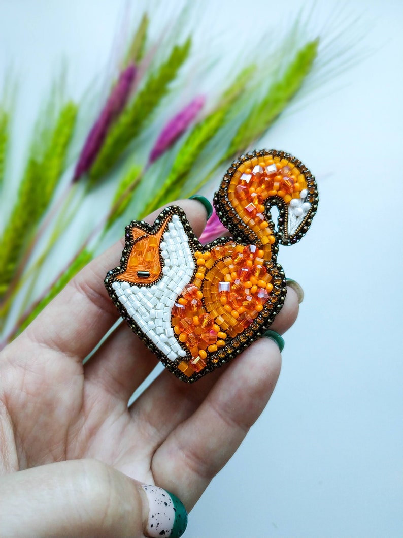 Beaded fox brooch orange fox pin handmade embroidered fox art animal brooch unique jewelry birthday gift for her Christmas gift image 10