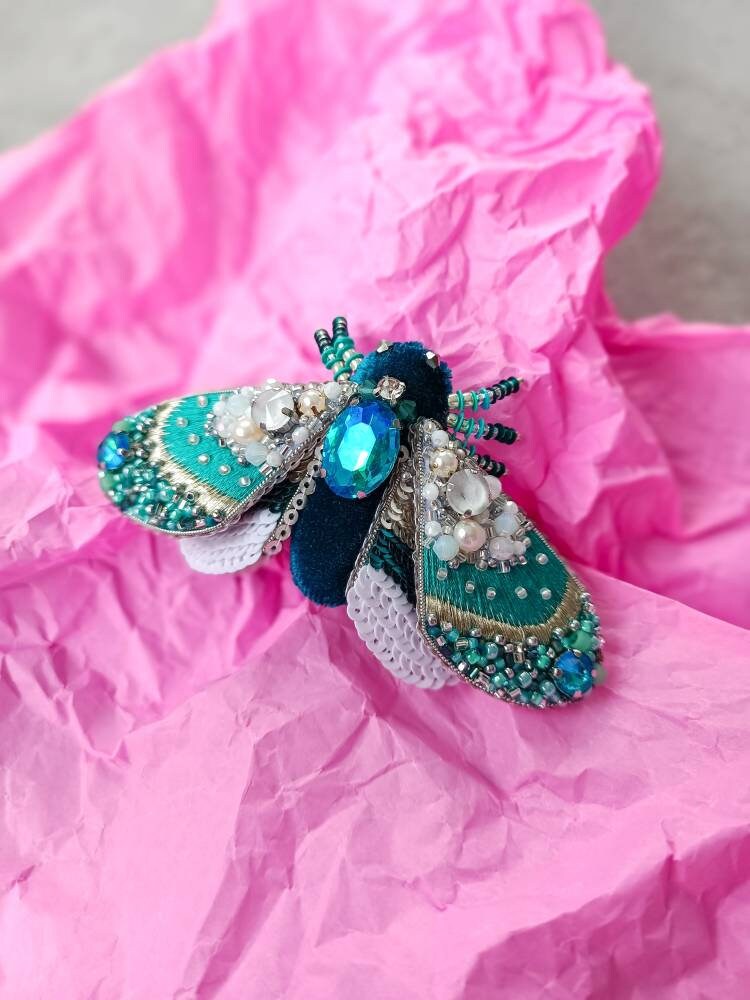 Embroidered moth brooch handmade beaded insect pin bug jewelry unique gift for her - Thumbnail 2