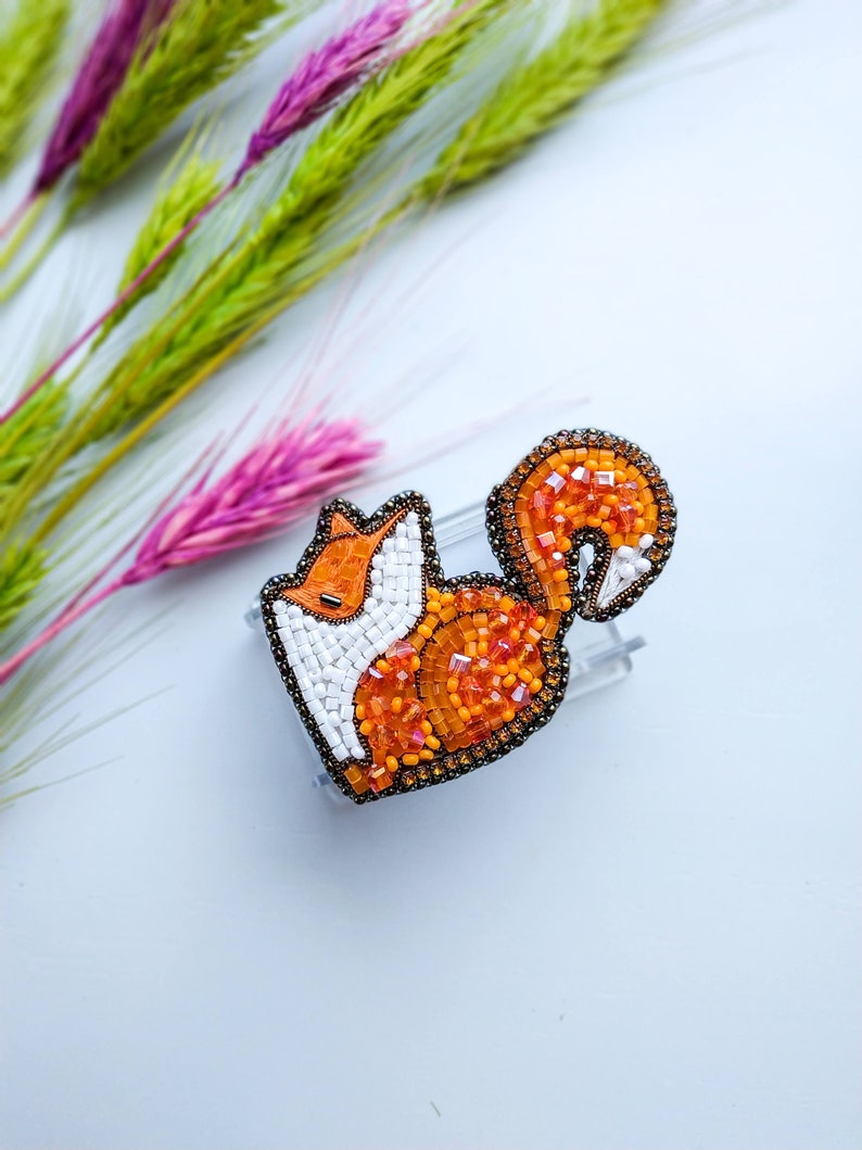 Beaded fox brooch orange fox pin handmade embroidered fox art animal brooch unique jewelry birthday gift for her Christmas gift image 8