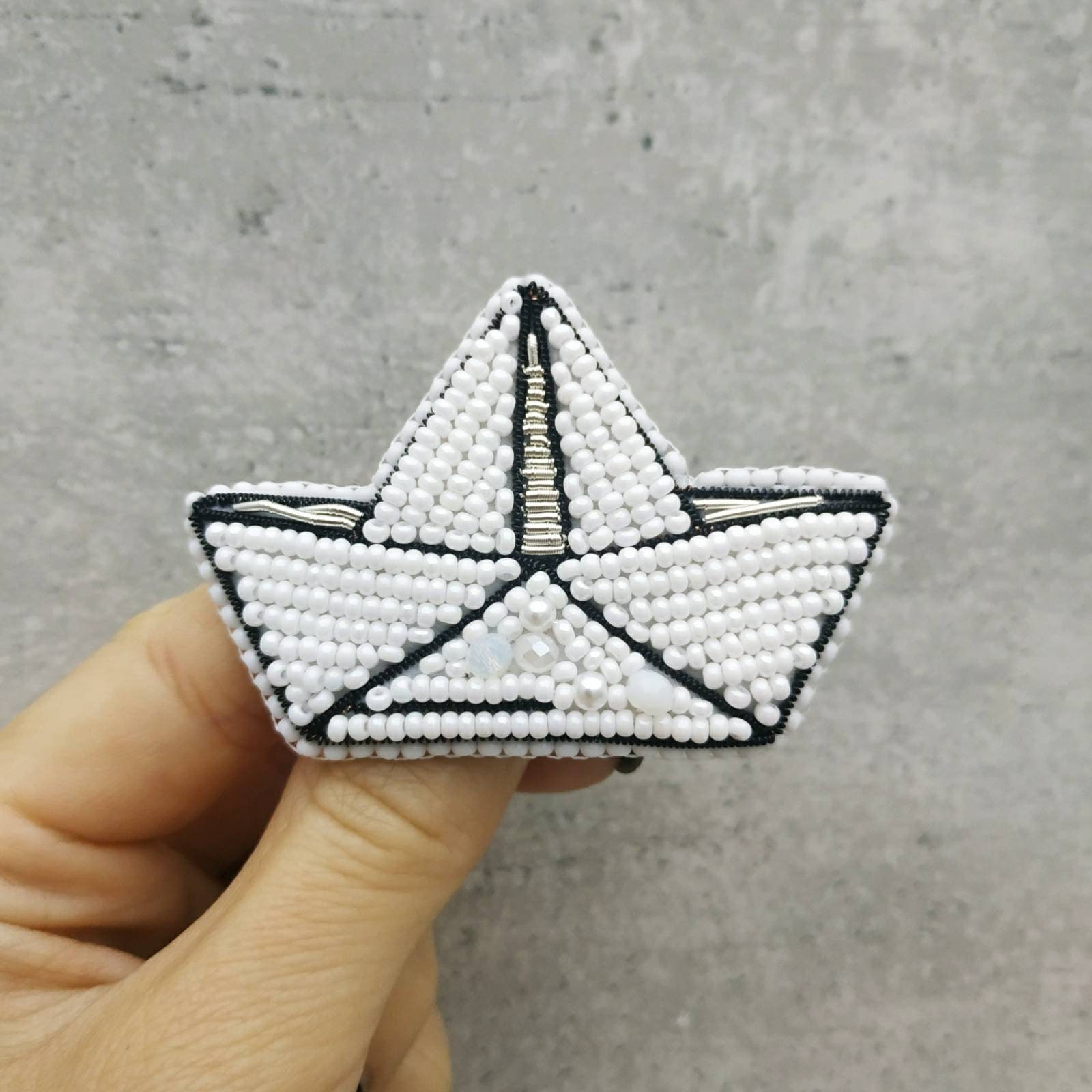 Beaded Origami Ship Brooch minimalistic pin embroidered jewelry gift made in Ukraine - Image 1