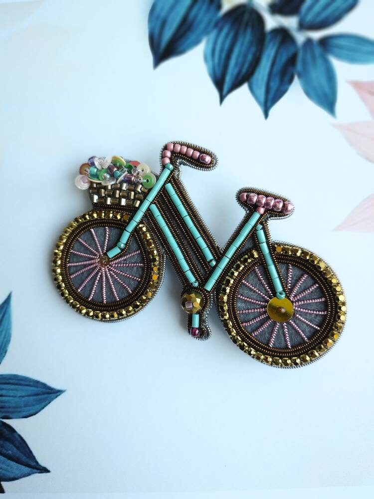 Embroidered bicycle brooch bike rider pin bike lover gift beaded brooch for her unique jewelry pin Christmas gift handmade brooch - Thumbnail 4