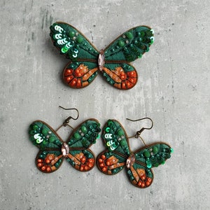 Parure de bijoux brodés composé d'une broche et de boucles d'oreilles, bijoux papillon boucles d'oreilles papillon vert épingle insecte image 10
