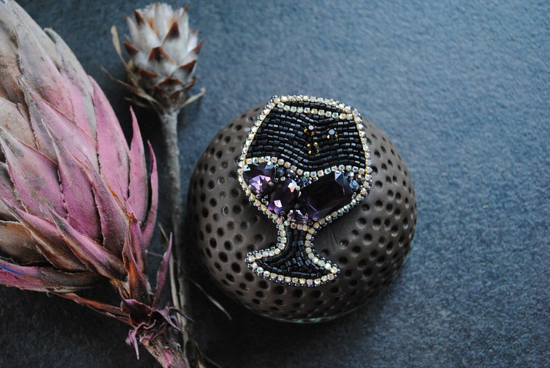 Beaded glass brooch wine lover gift purple wine pin glass jewelry handmade brooch embroidered wine glass gift for her rhinestones jewelry image 3