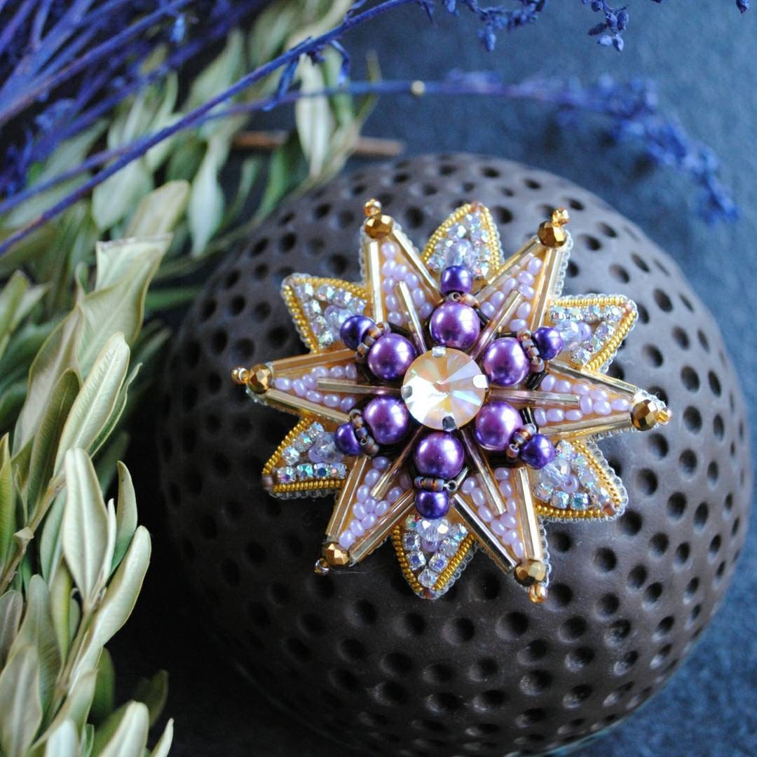 Beaded order brooch handmade embroidered star pin crystal jewelry yellow and purple celestial brooch unique christmas gift for her - Thumbnail 4