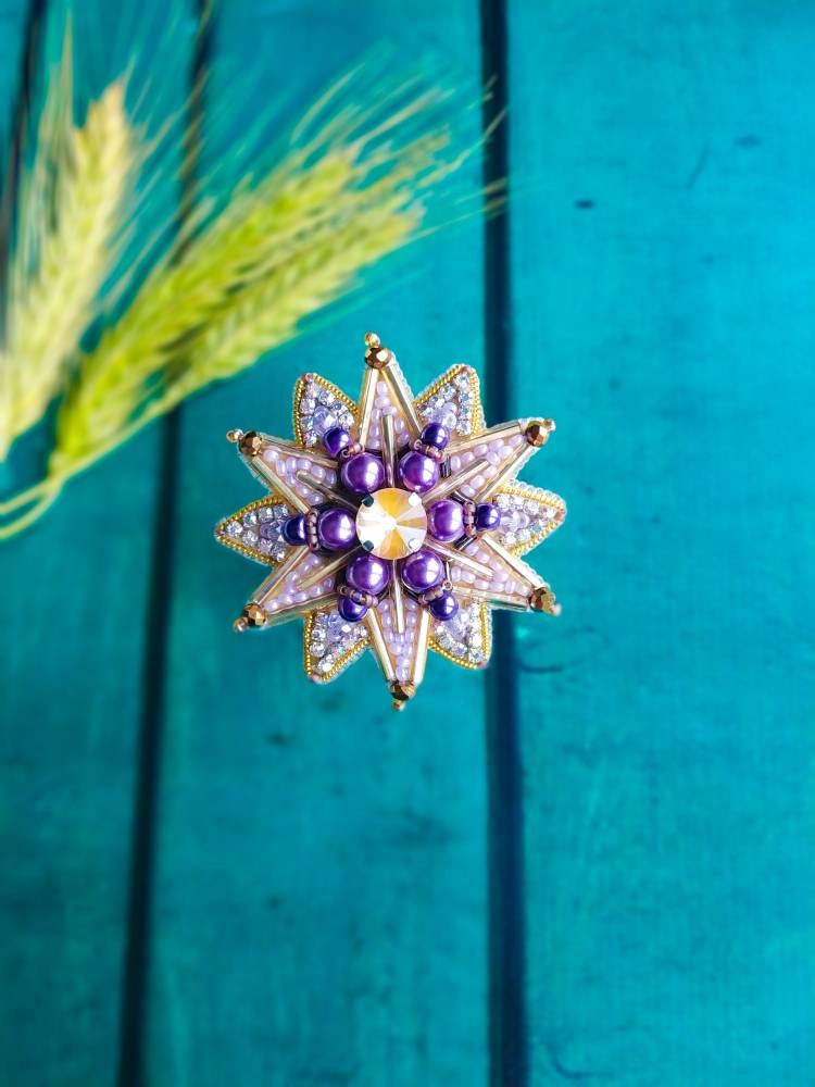 Beaded order brooch handmade embroidered star pin crystal jewelry yellow and purple celestial brooch unique christmas gift for her - Thumbnail 2