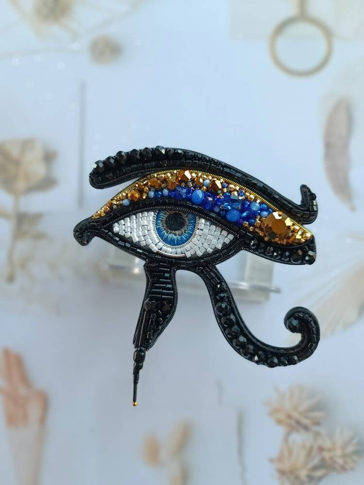 Embroidered Egyptian eye brooch evel eye pin handmade jewelry beaded brooch unique gift for her Ukrainian shop made in Ukraine - Thumbnail 3
