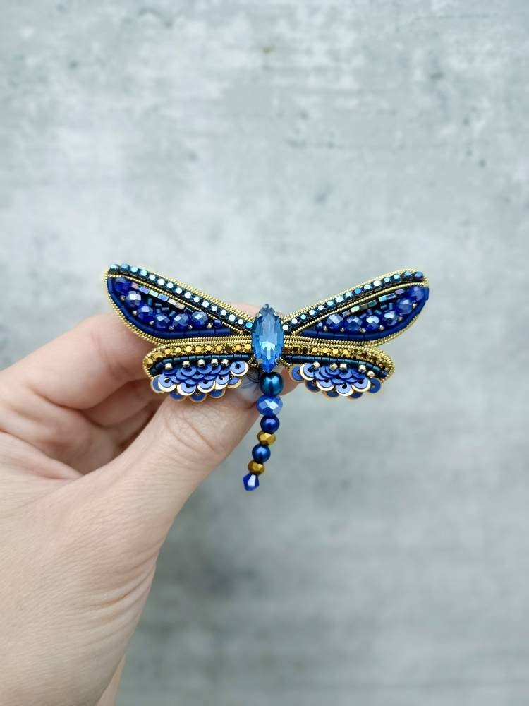 Beaded dragonfly brooch embroidered insect pin unique jewelry made in Ukraine gift for her - Thumbnail 2