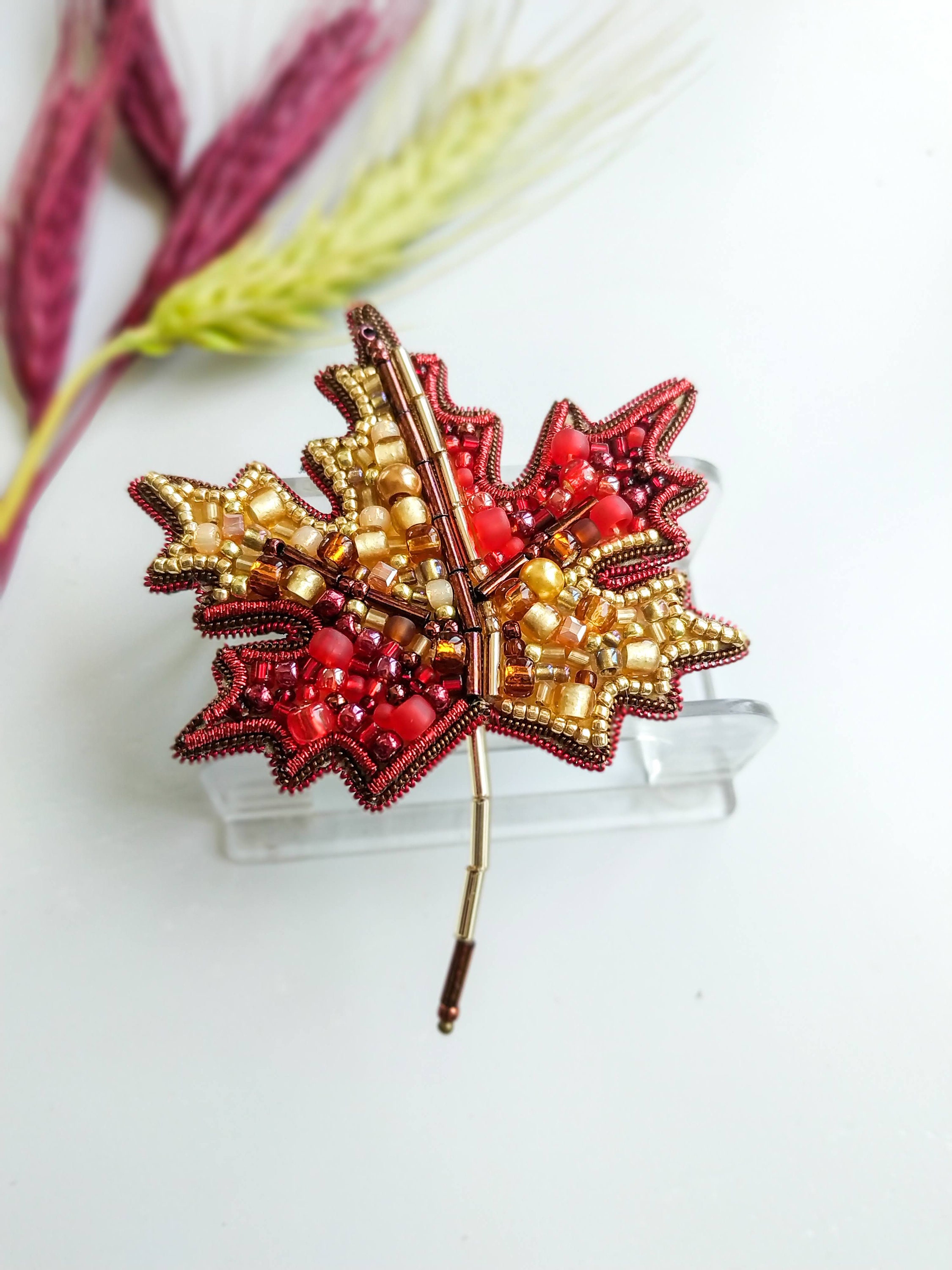 Beaded maple leaf brooch embroidered maple jewelry yellow and red reaf pin canadian symbol maple tree beaded Christmas gift for her - Thumbnail 5