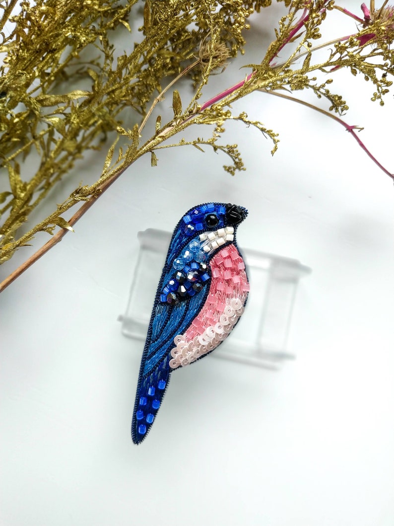 Embroidered bird brooch small dark blue bird pin handmade seed beaded bird jewelry gift for her bird lover gift bird brooch beaded unique image 1