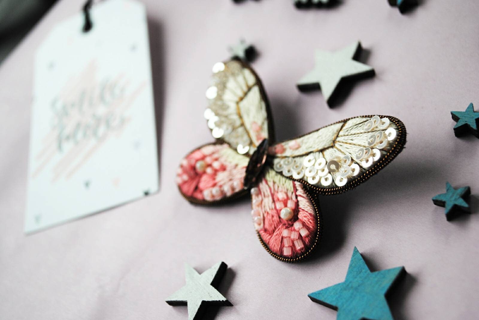 Embroidered butterfly brooch beaded pin moth seed beads jewelry pink handmade brooch with sequins gift for her - Thumbnail 2