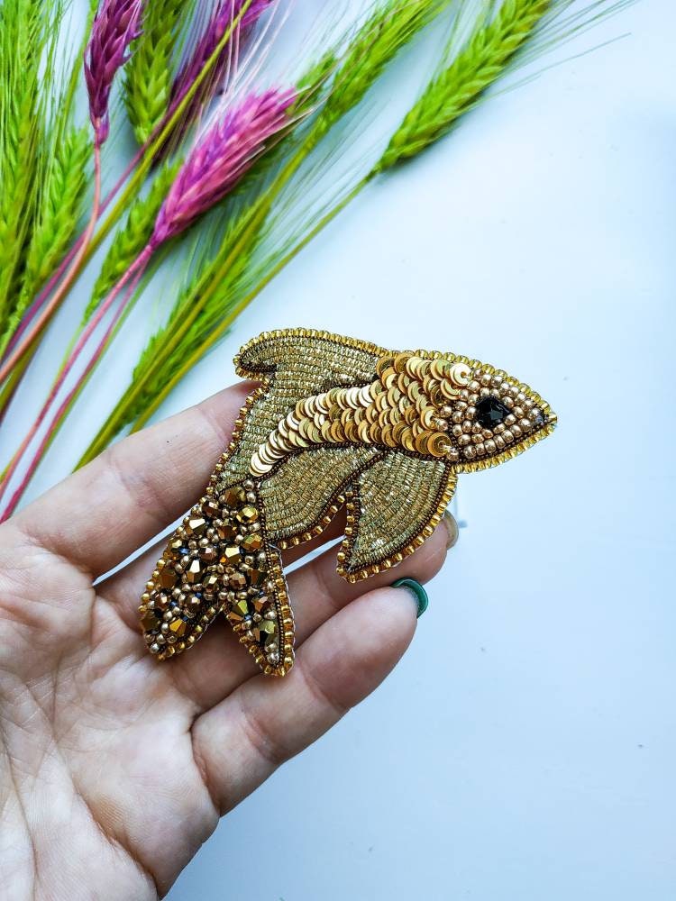 Beaded golden fish brooch embroidered fish pin pisces horoscope sign jewelry handmade Christmas gift for her sequins fish brooch with beads - Thumbnail 5