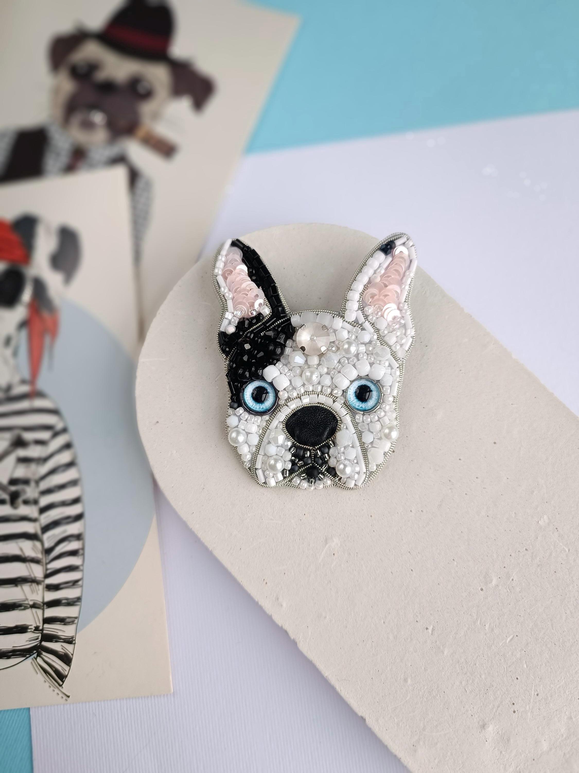 Embroidered french bulldog pin beaded dog brooch dog lover gift unique jewelry handmade in Ukraine - Thumbnail 3