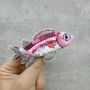 Beaded fish brooch embroidered with silk threads, seed beads and canitelle made in Ukraine