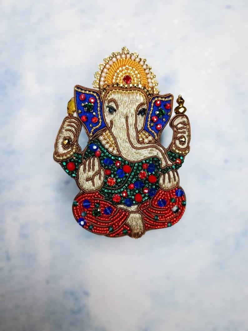 Embroidered Ganesh brooch handmade beaded pin Elephant God jewelry Ganesha God brooch image 4