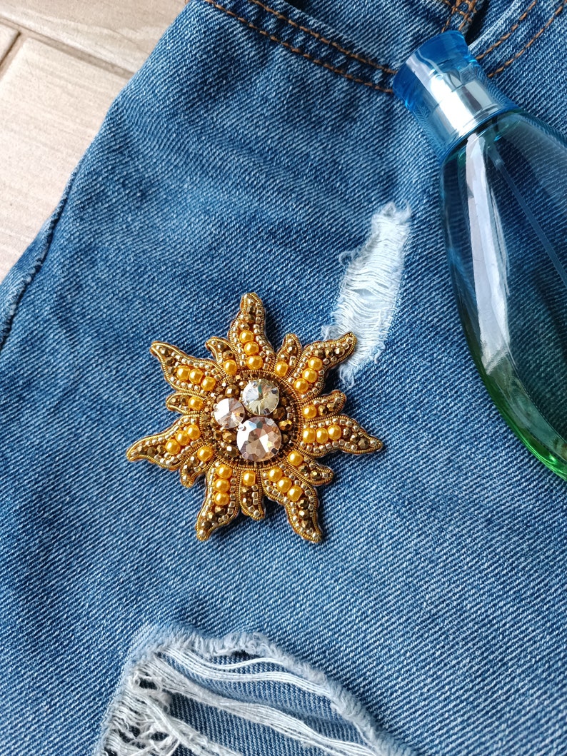 Beaded sun brooch cosmos jewelry cosmic planet pin handmade pin gift for her golden sun image 7